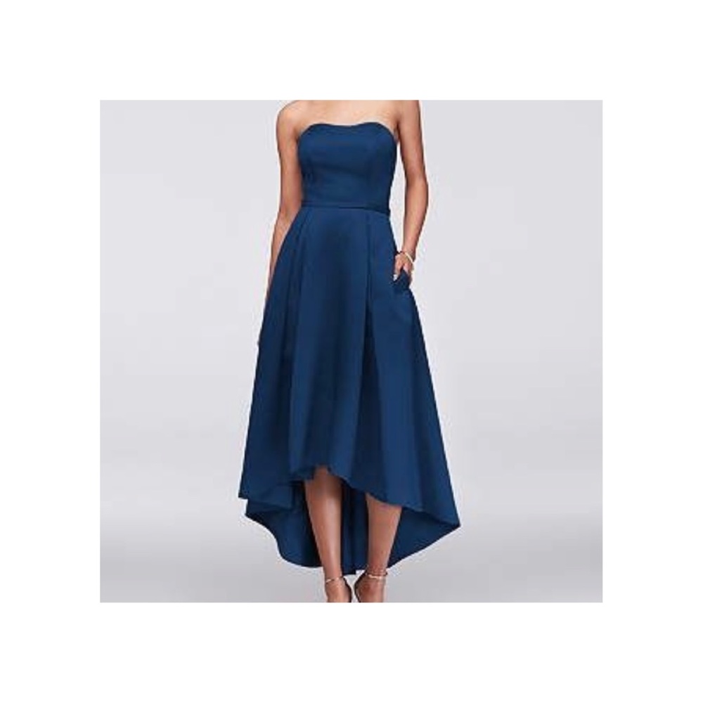 David’s Bridal strapless, high-low dress—navy blue satin with POCKETS